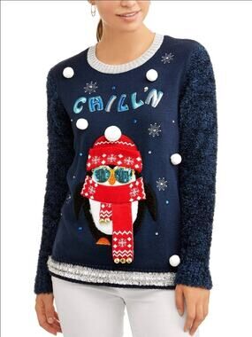Holiday Time Light Up Ugly Christmas Sweater Cool Penguin CHILL’N Blue XXL NWT!